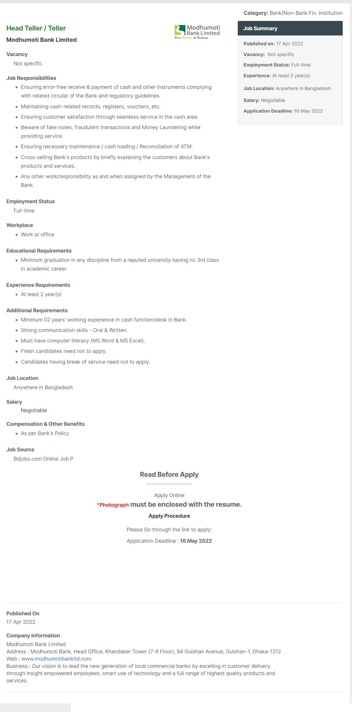 Modhumoti Bank Job Circular 2022