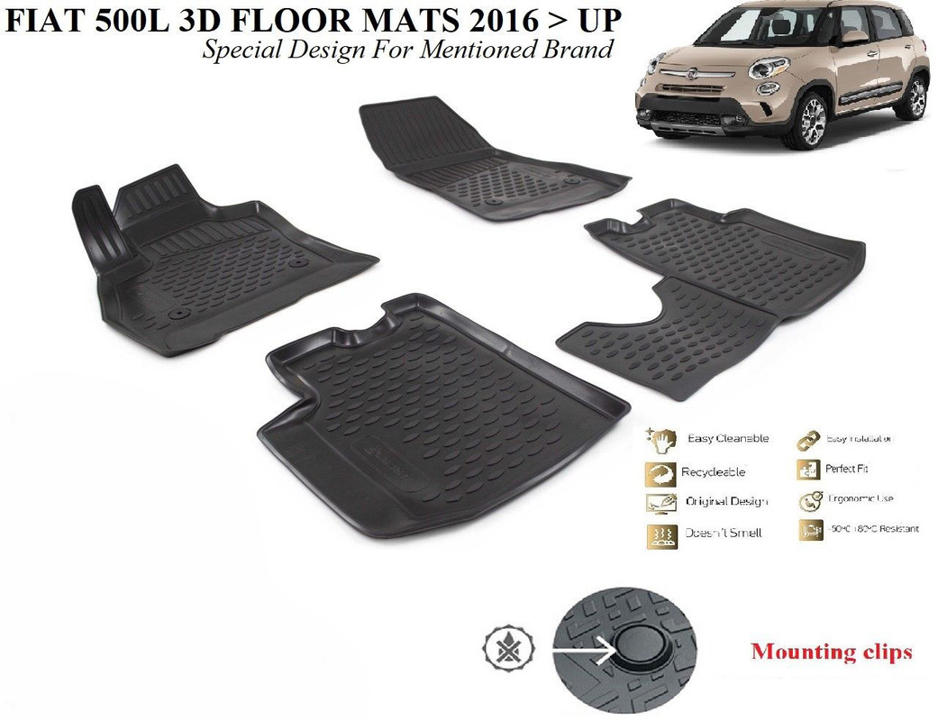 4 PCS 3D DESIGN ALL WEATHER THERMOPLAST FLOOR MAT FIT FOR FIAT 500L 2016-2019
