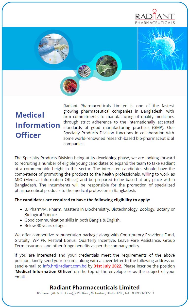 Radiant Pharmaceuticals Job Circular 2022