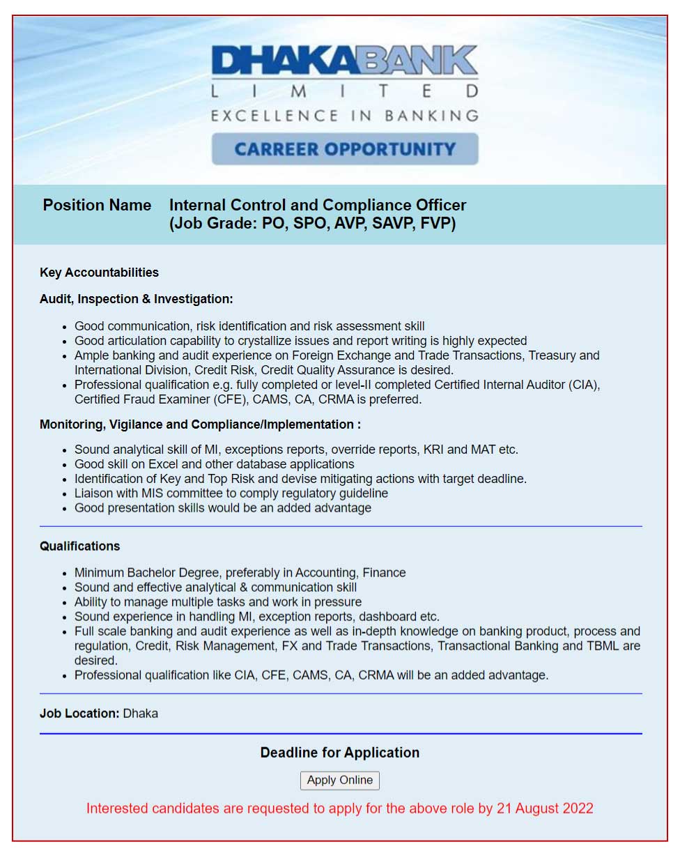 Dhaka Bank job Circular 2022