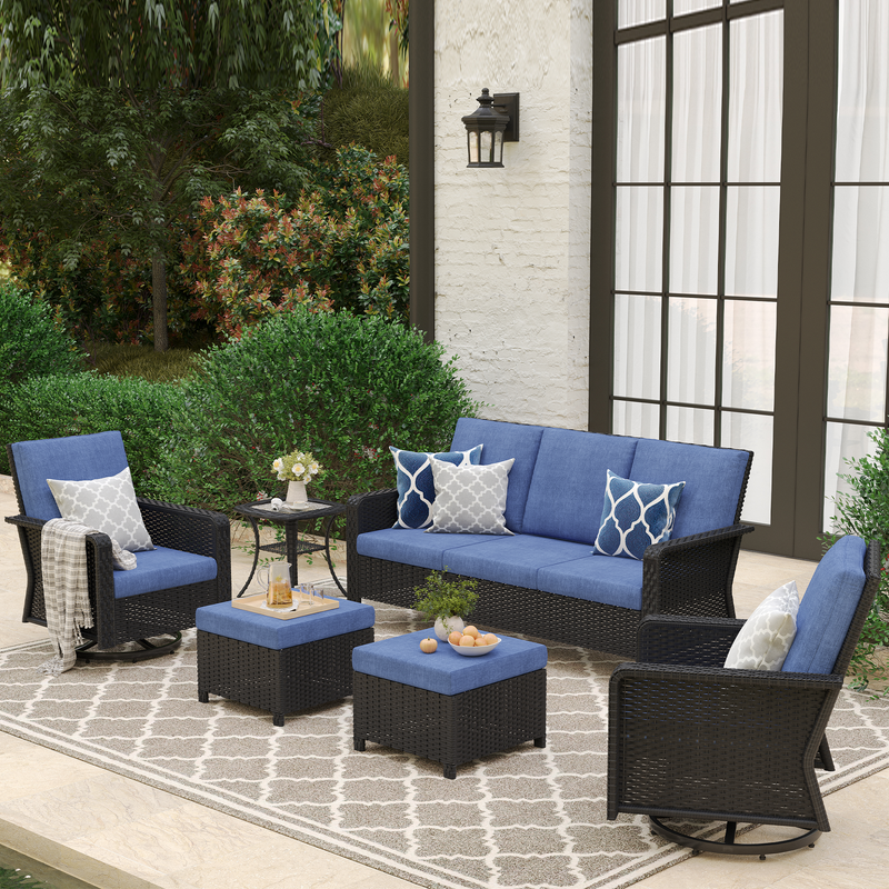 6-Piece Hand Woven Wicker Patio Conversation Set with Blue Cushions