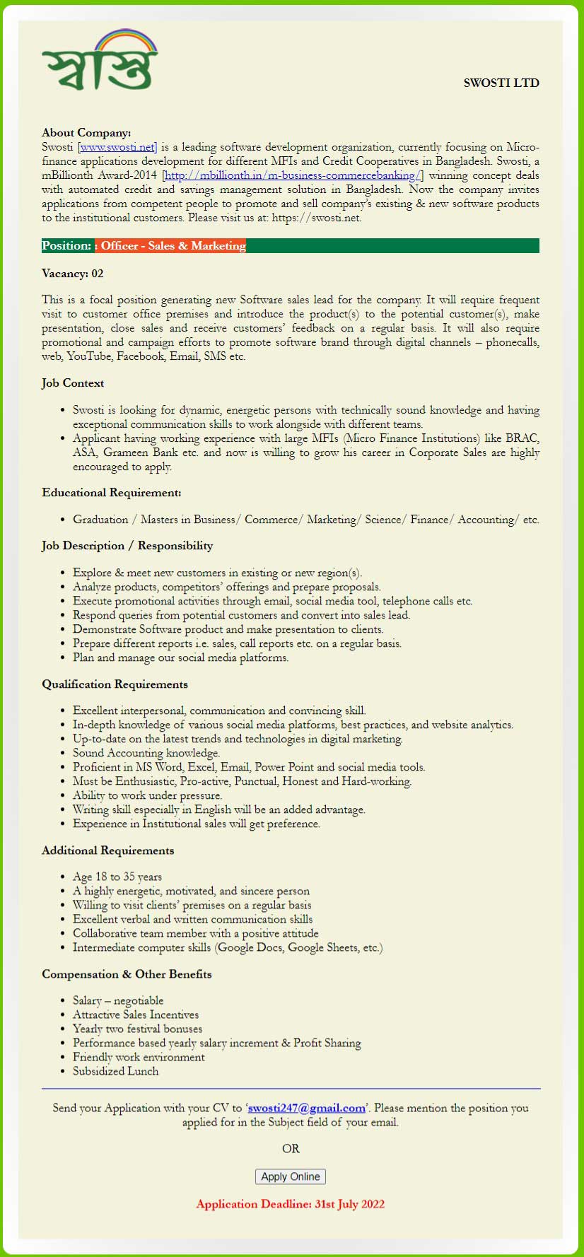 Swosti Limited Job Circular 2022