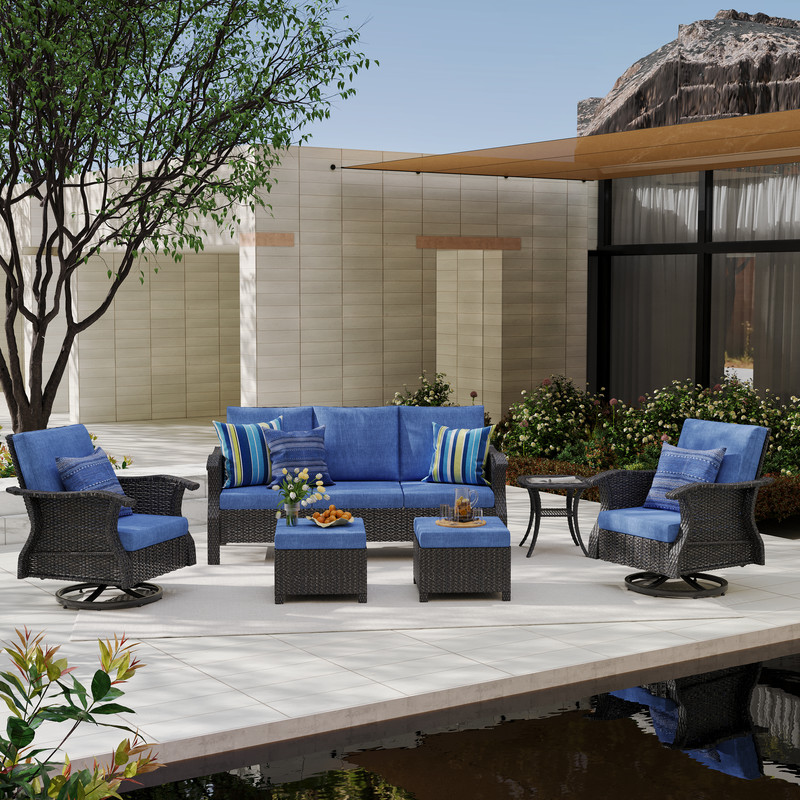 6-Piece Hand Woven Wicker Patio Conversation Set with Blue Cushions