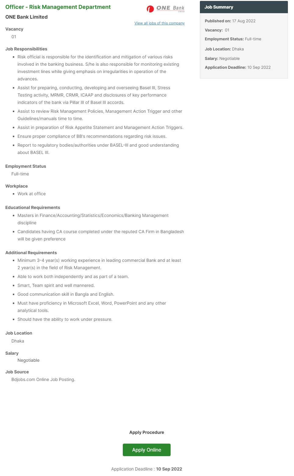 One Bank Limited Job Circular 2022