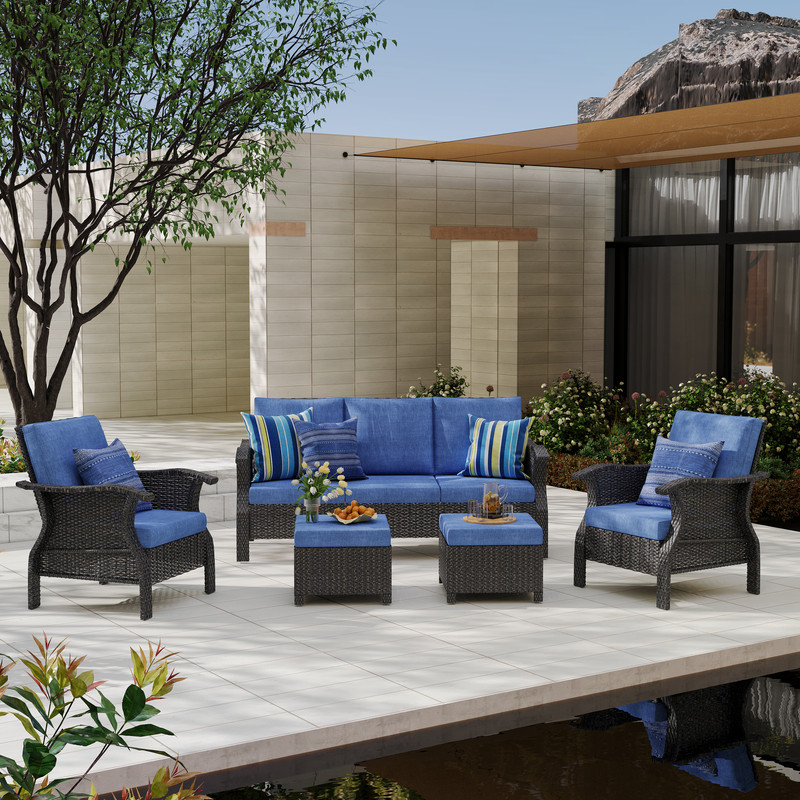 5-Person Hand Woven Wicker Patio Conversation Set with Blue Cushions