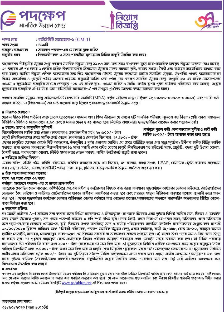 পদক্ষেপ মানবিক উন্নয়ন কেন্দ্র নিয়োগ ২০২৩
