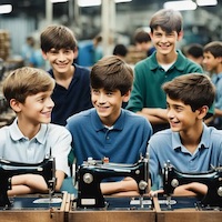 Schoolboys visiting a sewing machine factory