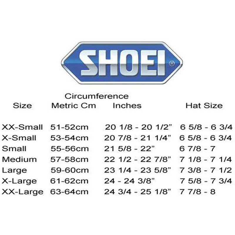 Shoei Motorcycle Helmet Size Chart