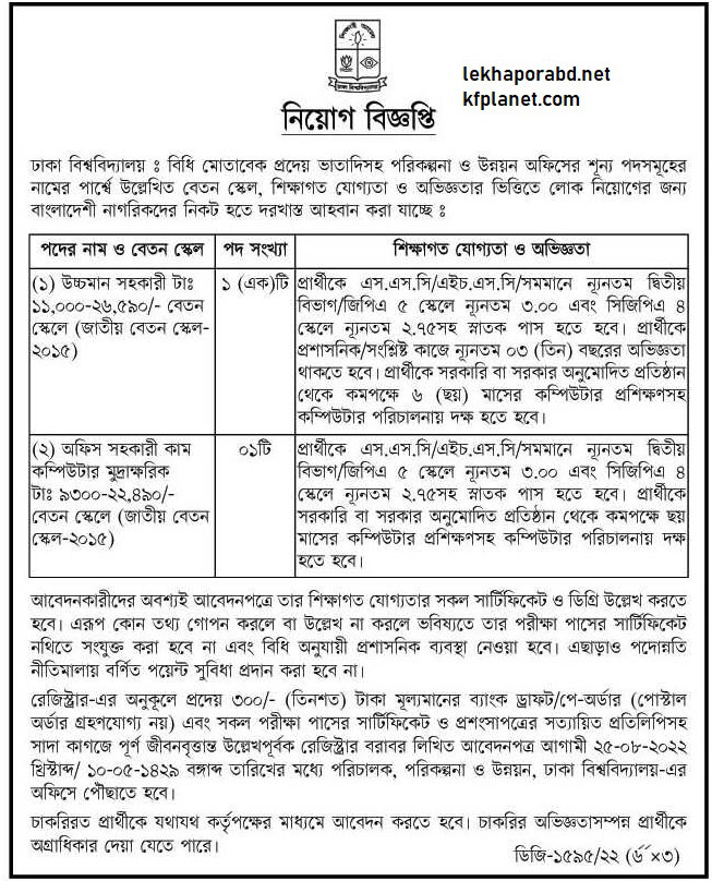 ঢাকা বিশ্ববিদ্যালয় নিয়োগ ২০২২