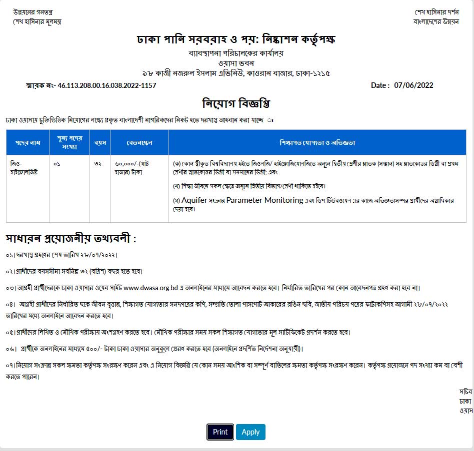 Dhaka Wasa Job Circular 2022