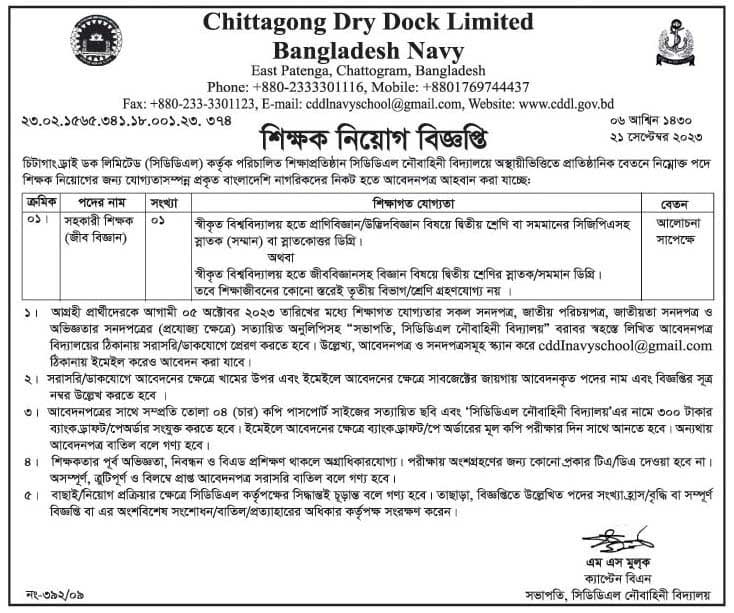 চিটাগাং ড্রাই ডক লিঃ নিয়োগ বিজ্ঞপ্তি ২০২৩