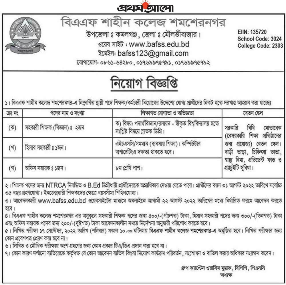 বিএএফ শাহীন স্কুল ও কলেজ নিয়োগ বিজ্ঞপ্তি ২০২২