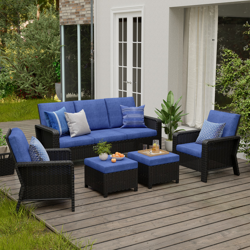 5-Person Hand Woven Wicker Patio Conversation Set with Blue Cushions