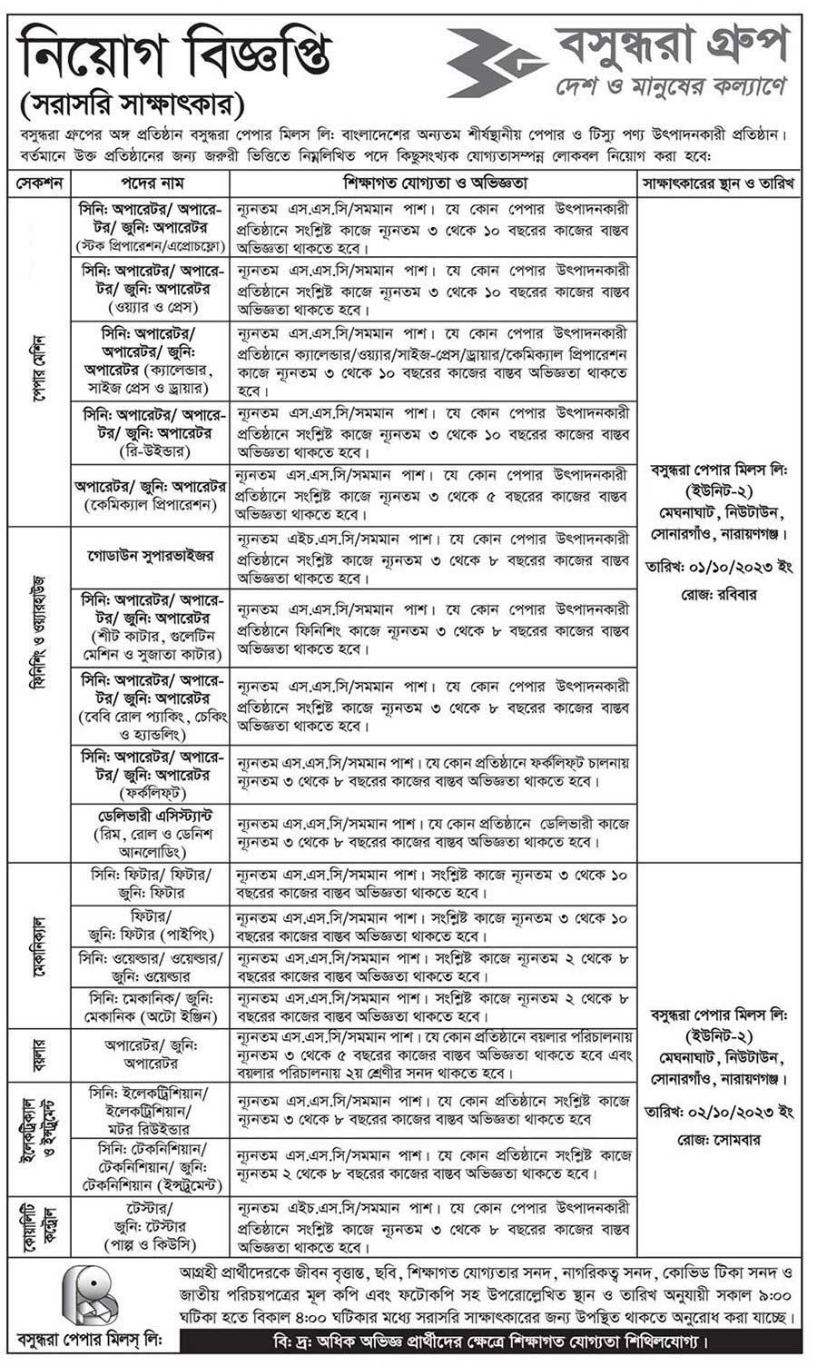 বসুন্ধরা গ্রুপ নিয়োগ বিজ্ঞপ্তি ২০২৩