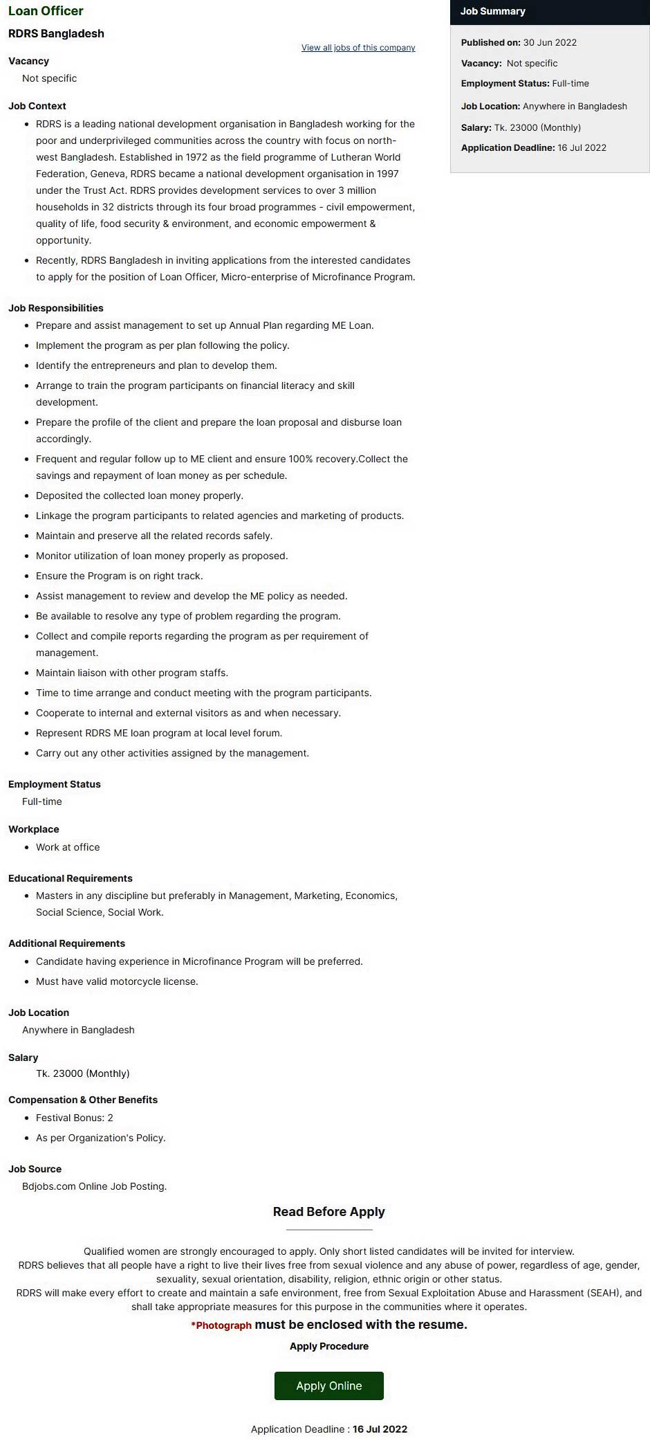 RDRS Bangladesh Job Circular 2022