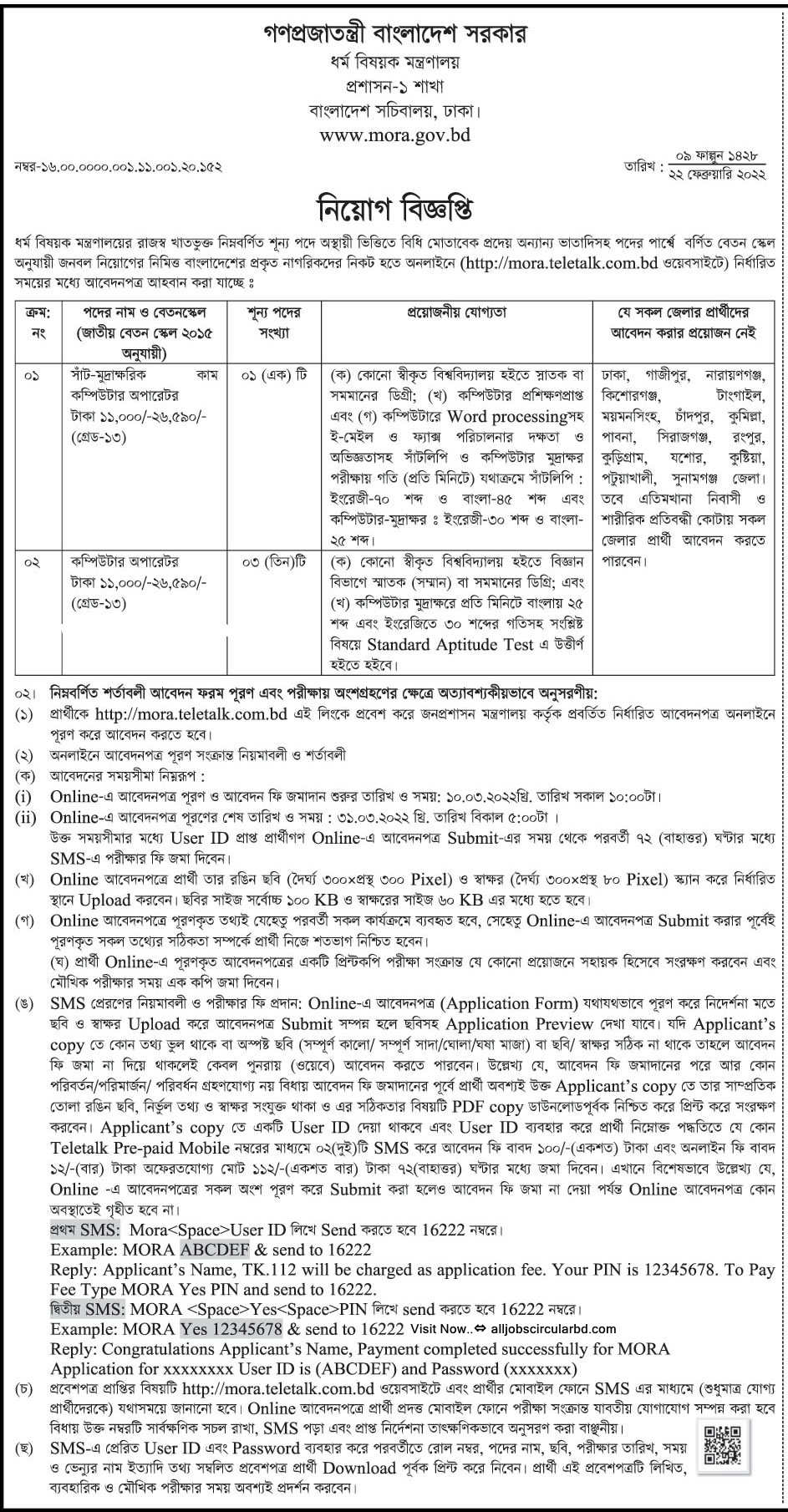 ধর্ম বিষয়ক মন্ত্রণালয় নিয়োগ বিজ্ঞপ্তি ২০২২