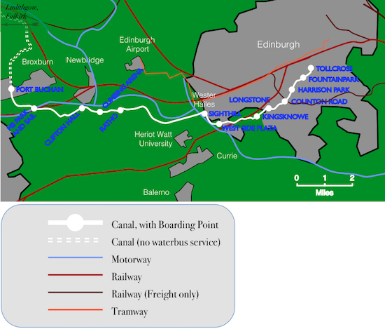 Map showing the Union Canal and boarding points