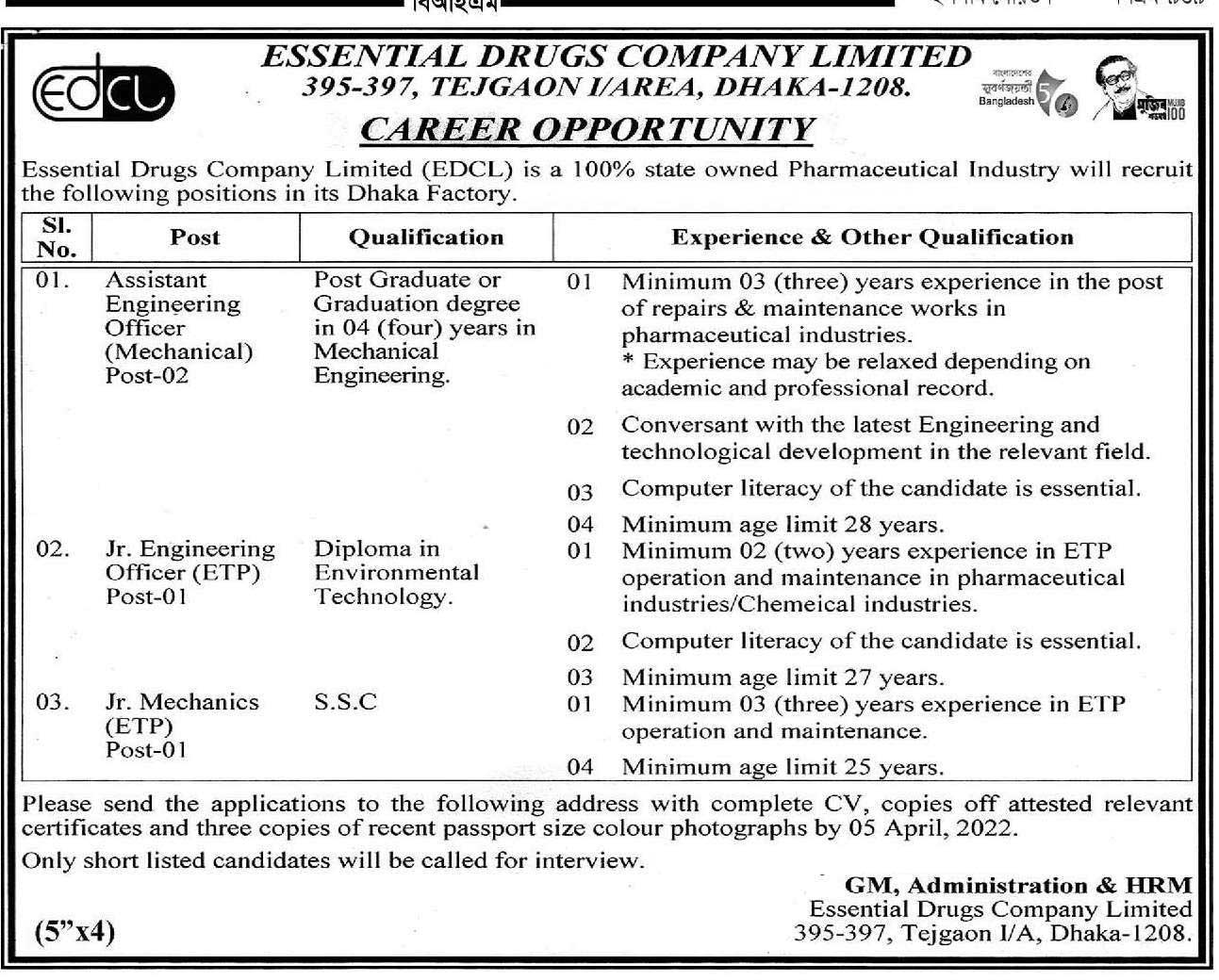 essential drugs company limited job circular