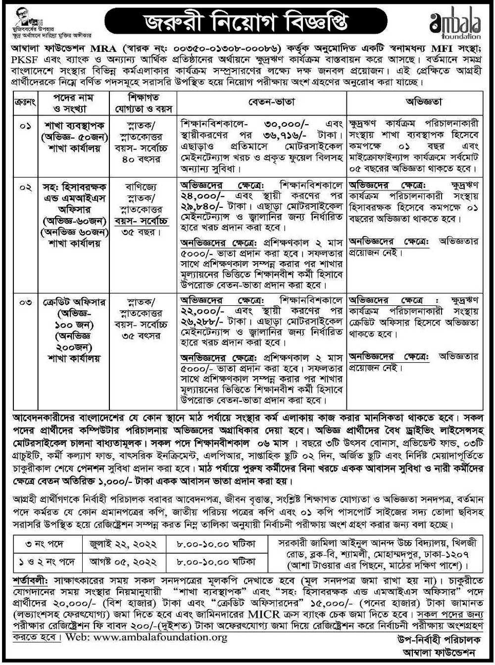 আম্বালা ফাউন্ডেশন নিয়োগ বিজ্ঞপ্তি ২০২২