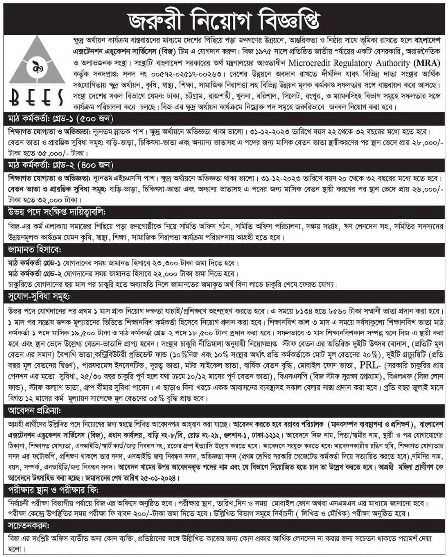 বিজ এনজিও নিয়োগ বিজ্ঞপ্তি ২০২৪ | bees ngo job circular 2024