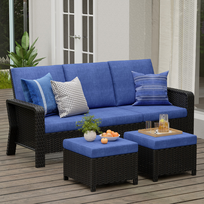 3-Piece Hand Woven Wicker Patio Seating Group with Blue Cushions