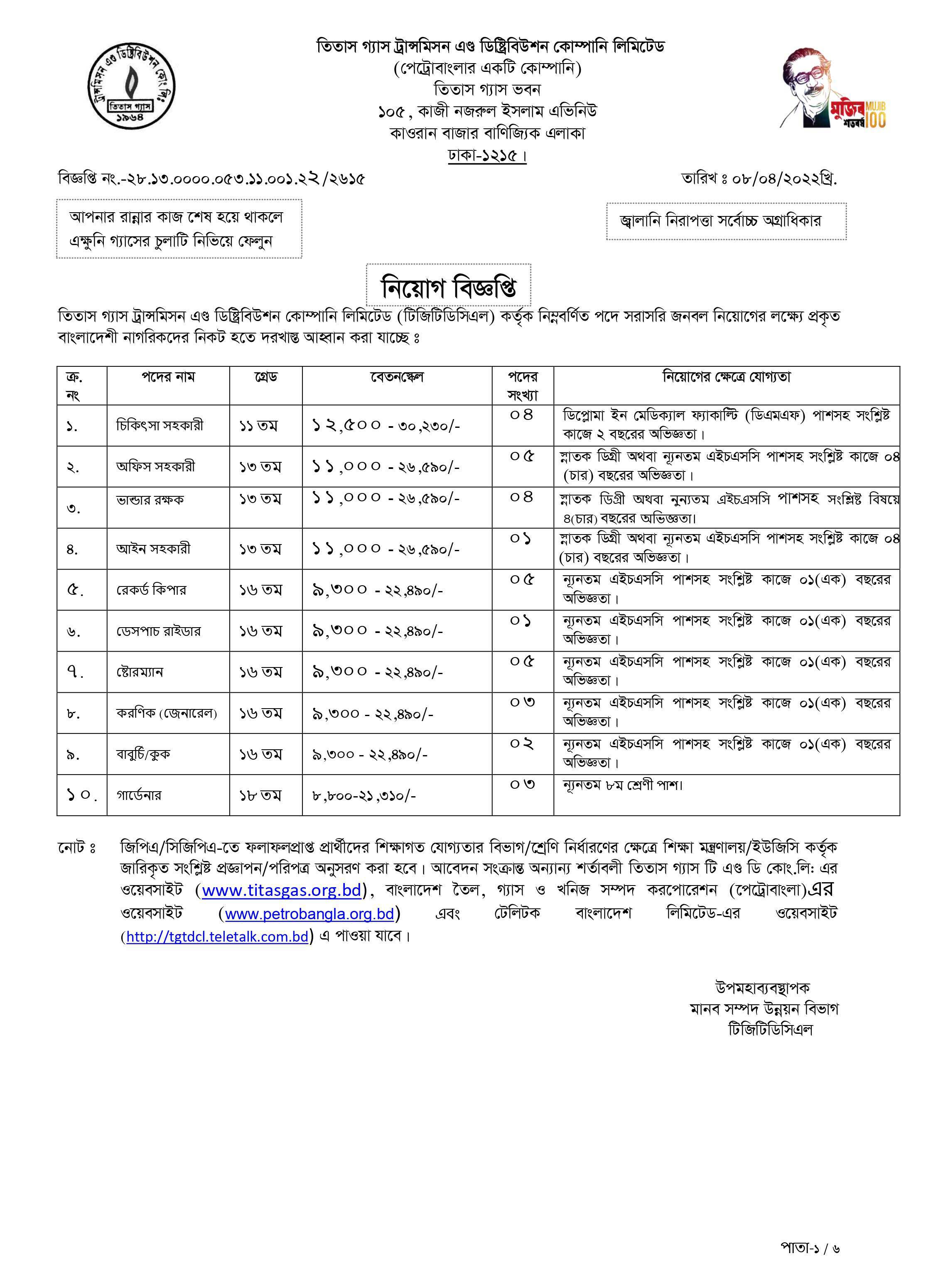 তিতাস গ্যাস লিমিটেড নিয়োগ বিজ্ঞপ্তি ২০২২