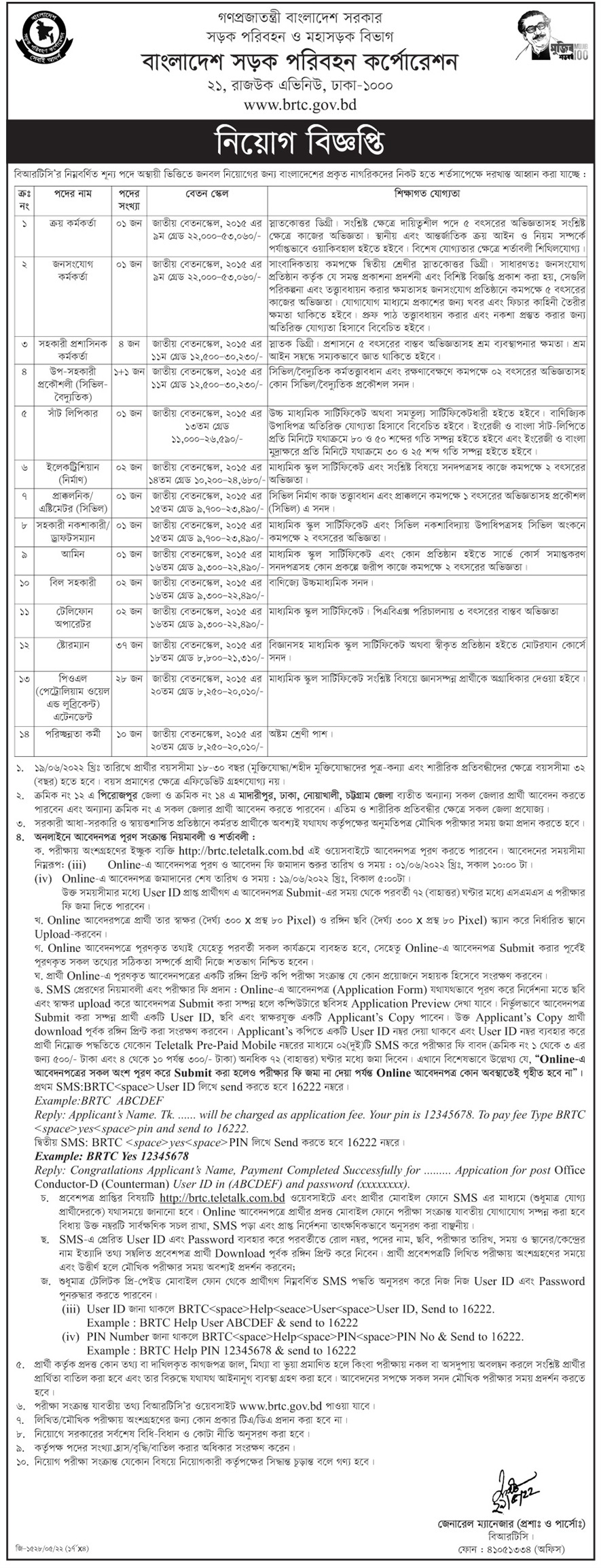 BRTC Job Circular 2022