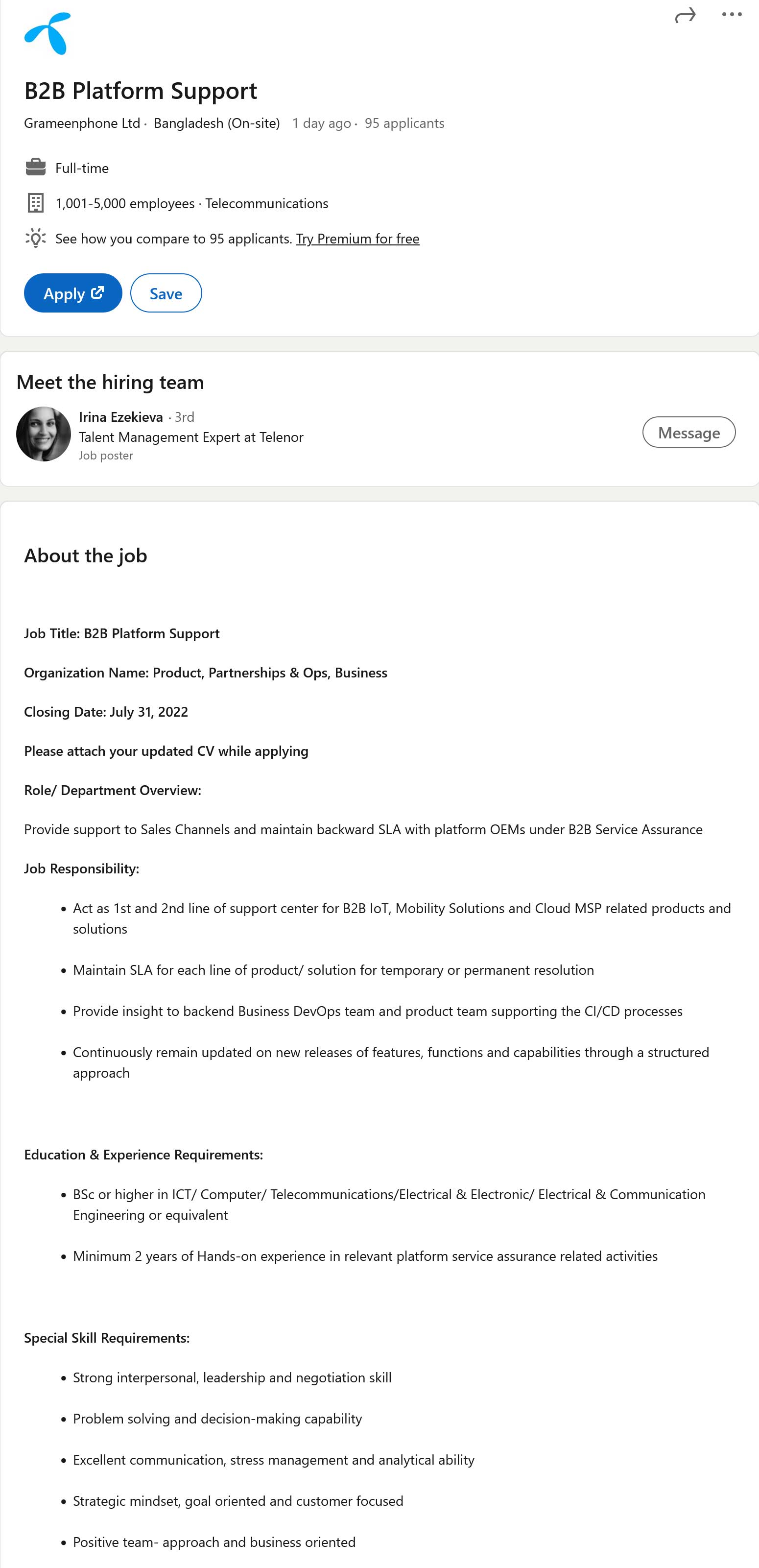 Grameenphone Job Circular 2022