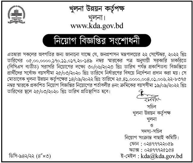 খুলনা উন্নয়ন কর্তৃপক্ষ নিয়োগ ২০২২