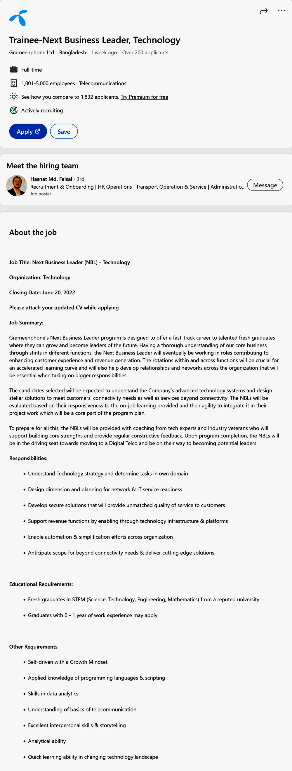 Grameenphone Job Circular 2022
