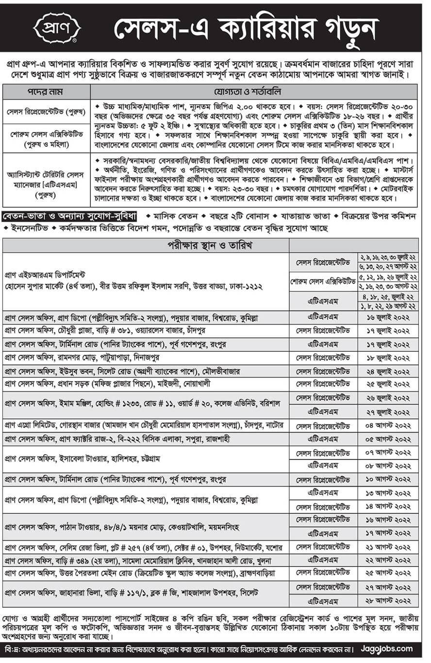 প্রাণ কোম্পানি নিয়োগ বিজ্ঞপ্তি ২০২২