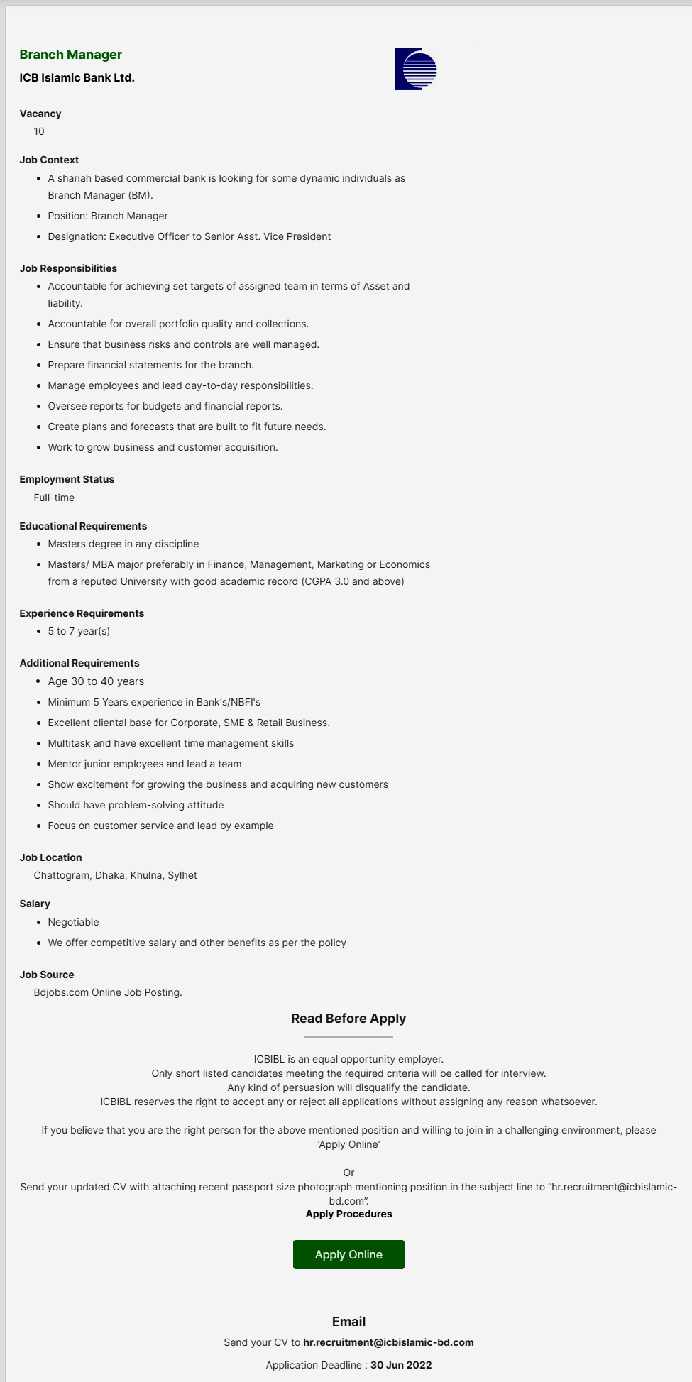 ICB Islamic Bank Job Circular 2022