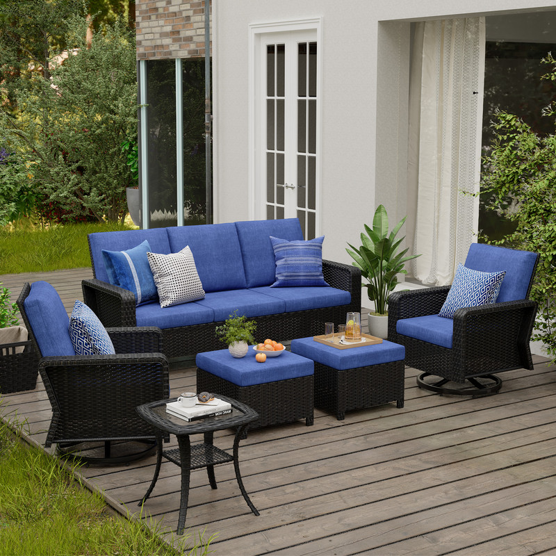 6-Piece Hand Woven Wicker Patio Conversation Set with Blue Cushions