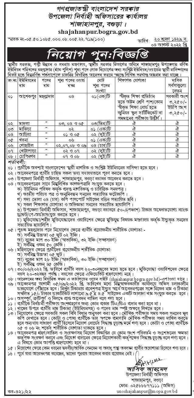 উপজেলা পরিষদ নিয়োগ বিজ্ঞপ্তি ২০২২