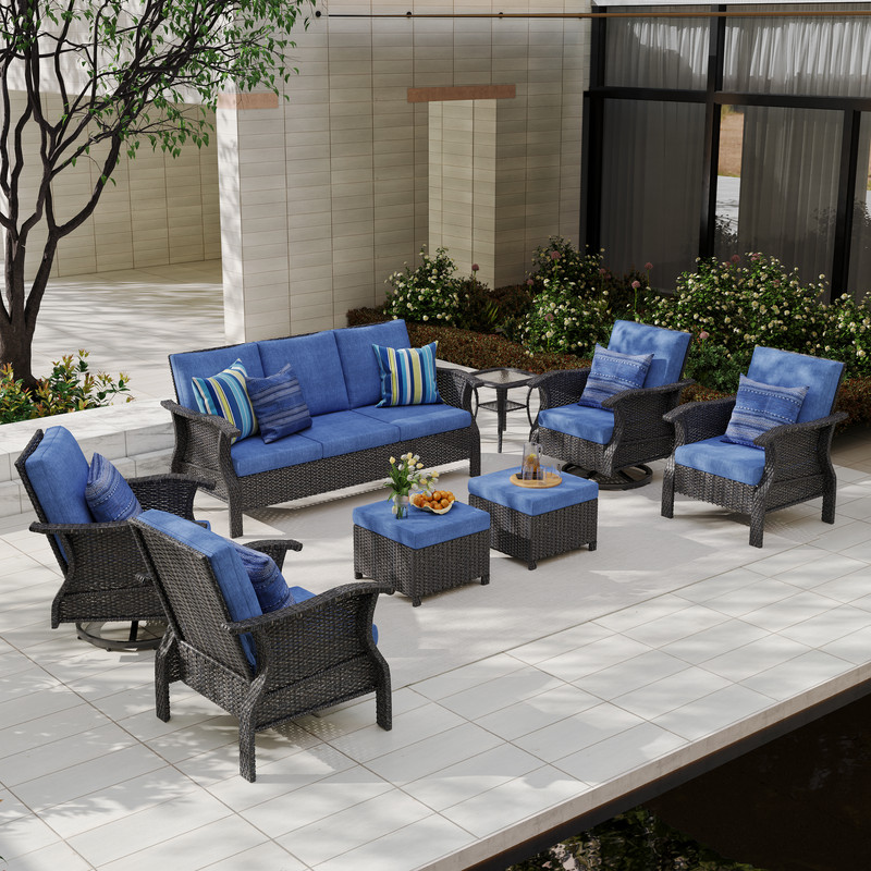 8-Piece Hand Woven Wicker Patio Conversation Set with Blue Cushions