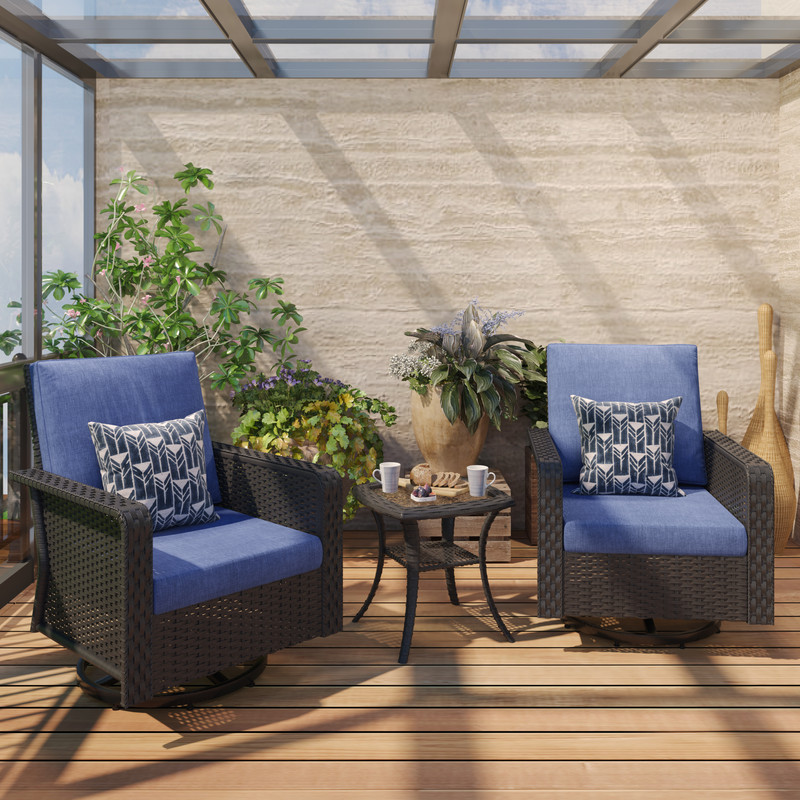 3-Piece Hand Woven Wicker Patio Seating Group with Blue Cushions