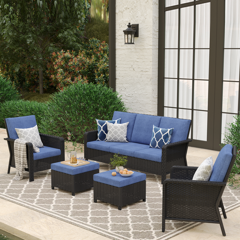5-Person Hand Woven Wicker Patio Conversation Set with Blue Cushions
