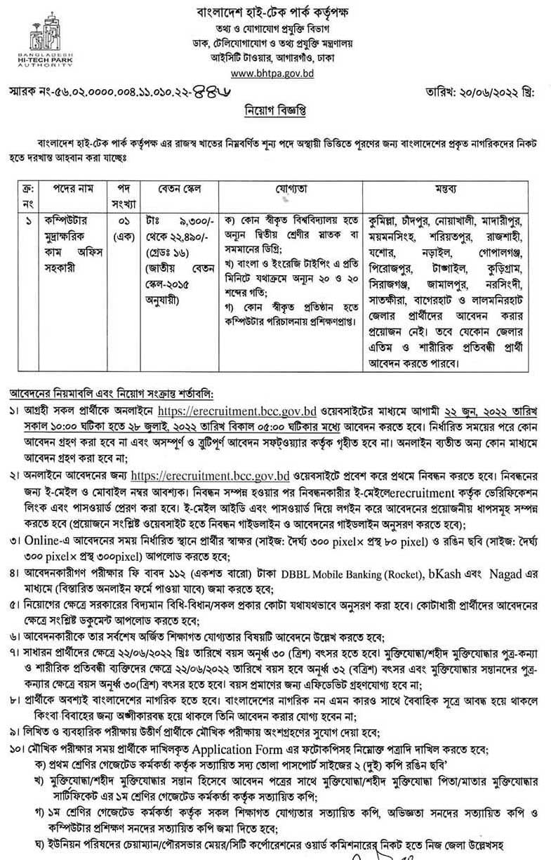 বাংলাদেশ হাই টেক পার্ক কর্তৃপক্ষ নিয়োগ ২০২২