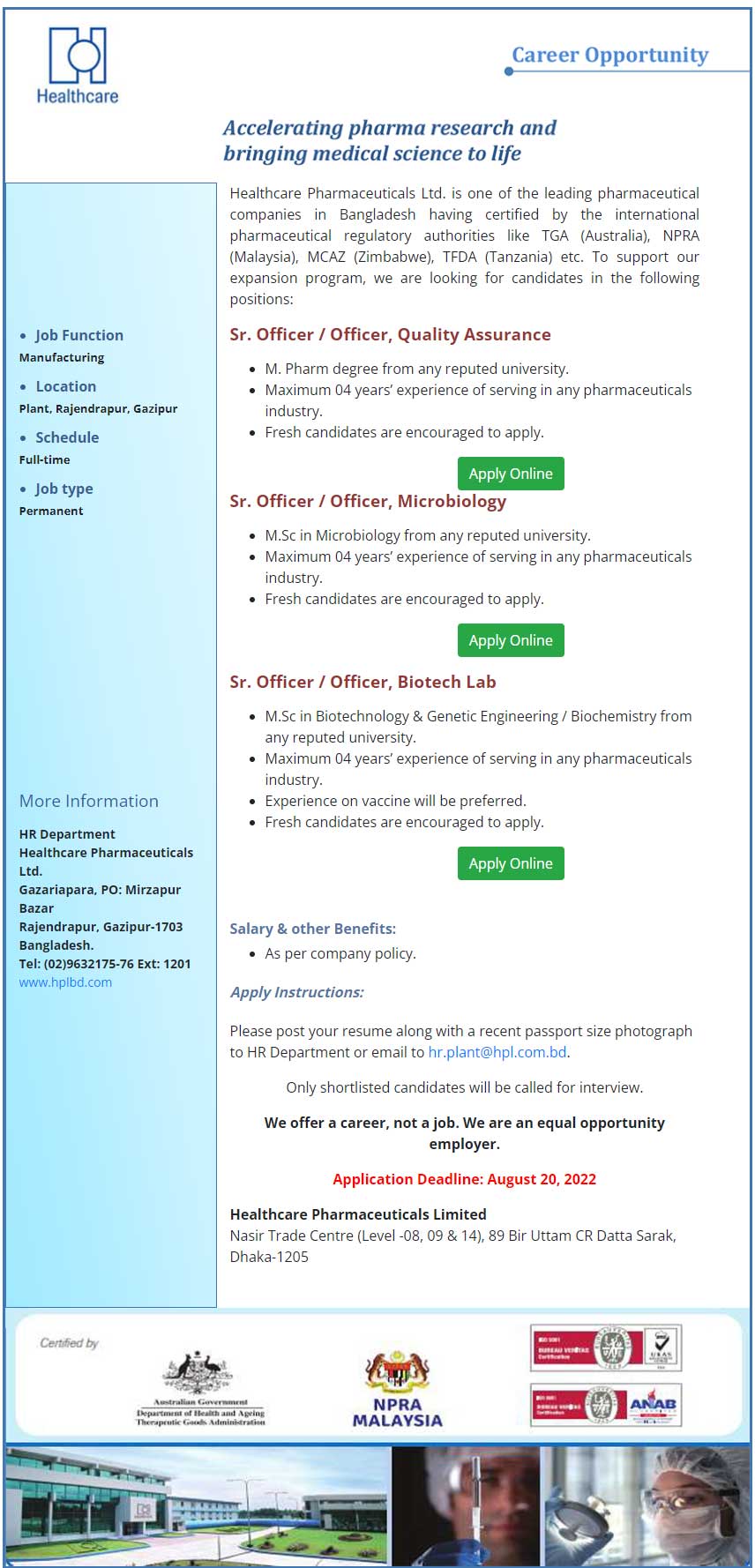 Healthcare Pharmaceuticals Limited Job Circular 2022