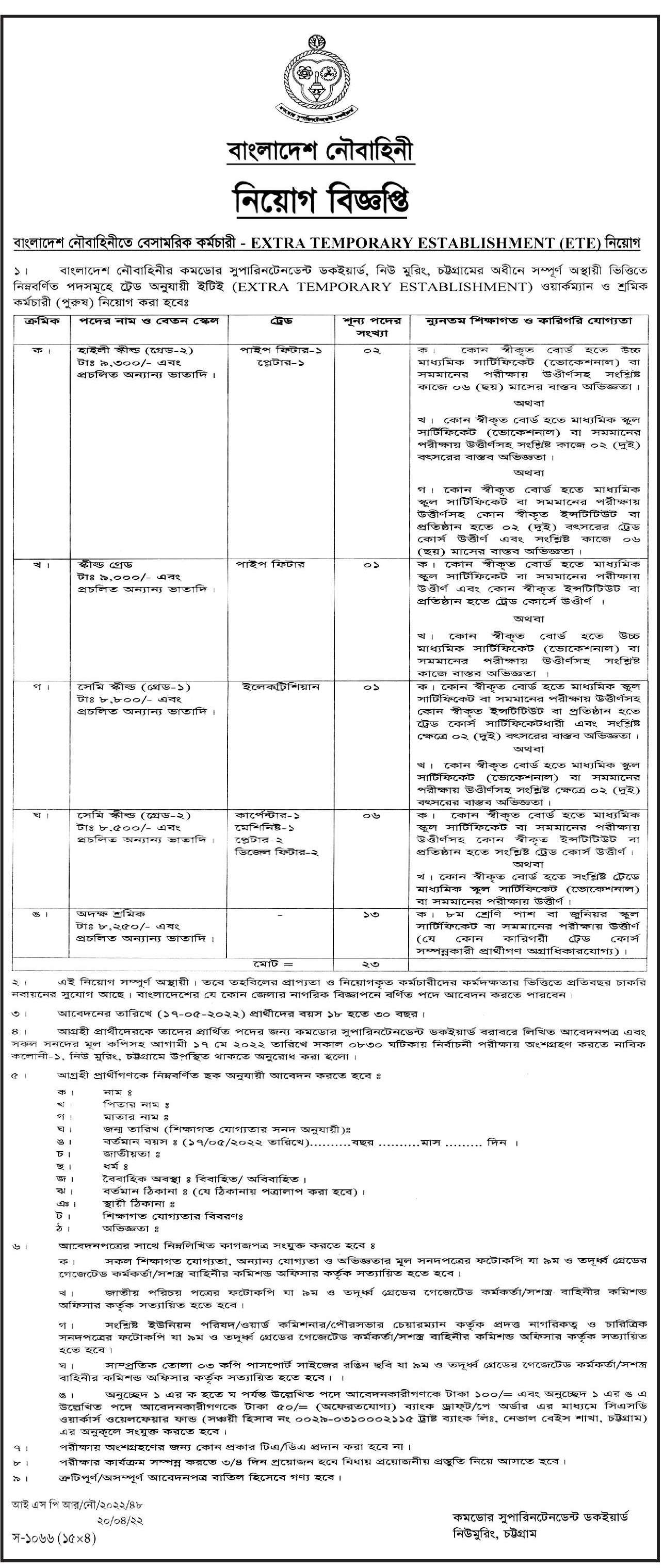 Bangladesh Navy Civil Job Circular 2022