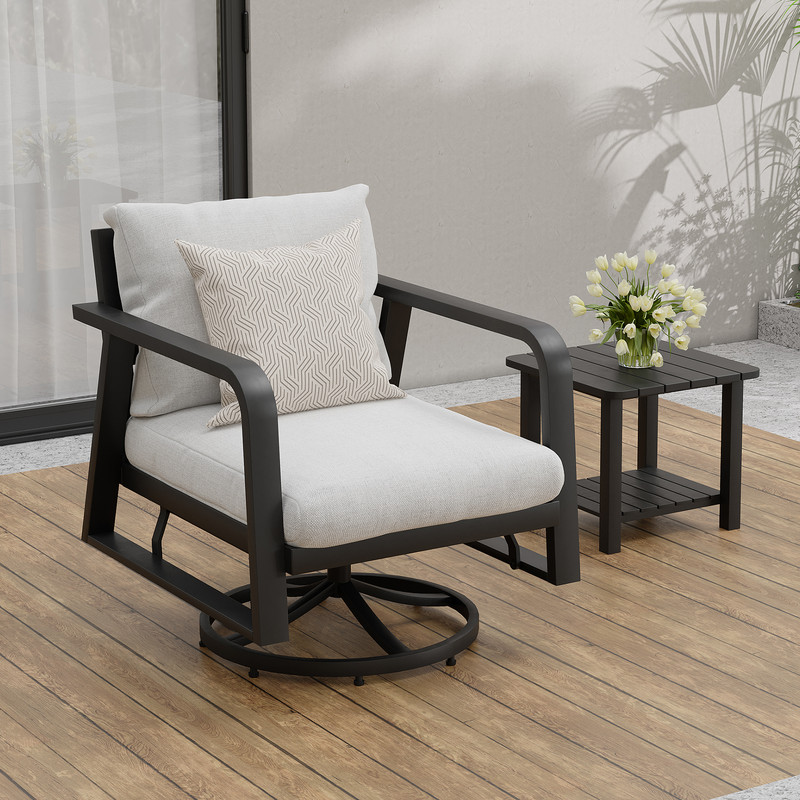 Aluminum Patio Seating Group Swivel Chair with Side Table and Gray Cushions