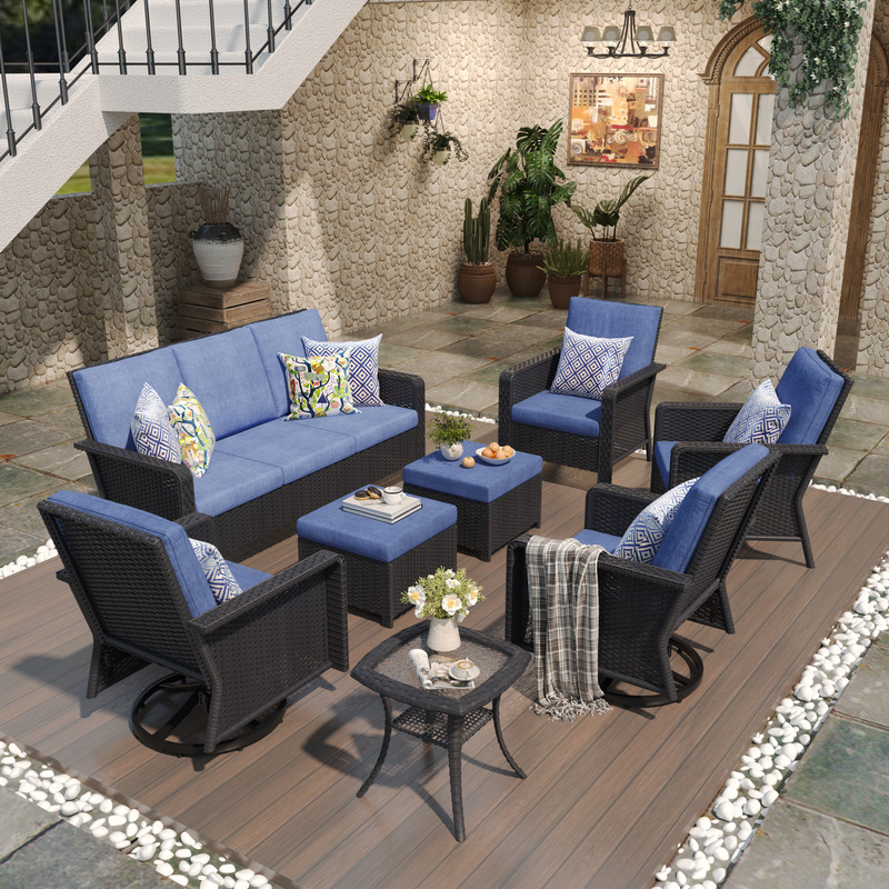 8-Piece Hand Woven Wicker Patio Conversation Set with Blue Cushions