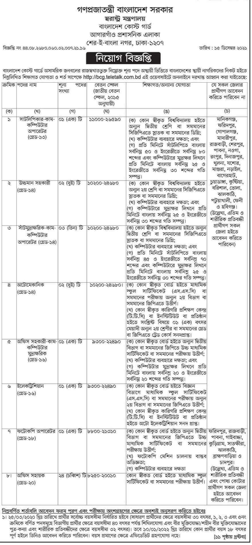 বাংলাদেশ কোস্ট গার্ড নিয়োগ বিজ্ঞপ্তি ২০২২