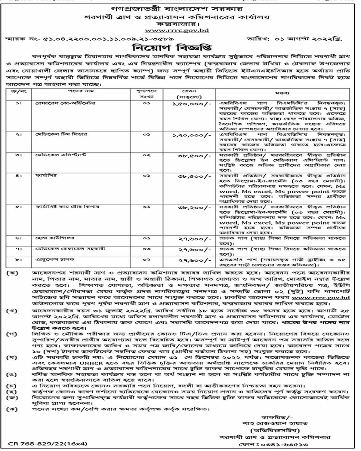 Refugee Relief And Repatriation Commissioner Office Job Circular 2022 (rrrc.gov.bd Apply)