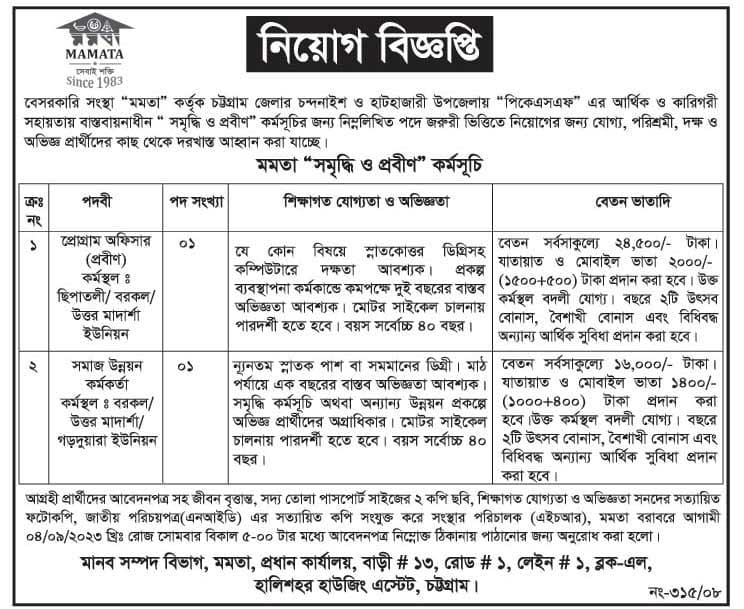 মমতা বাংলাদেশ (এনজিও) নিয়োগ বিজ্ঞপ্তি ২০২৩