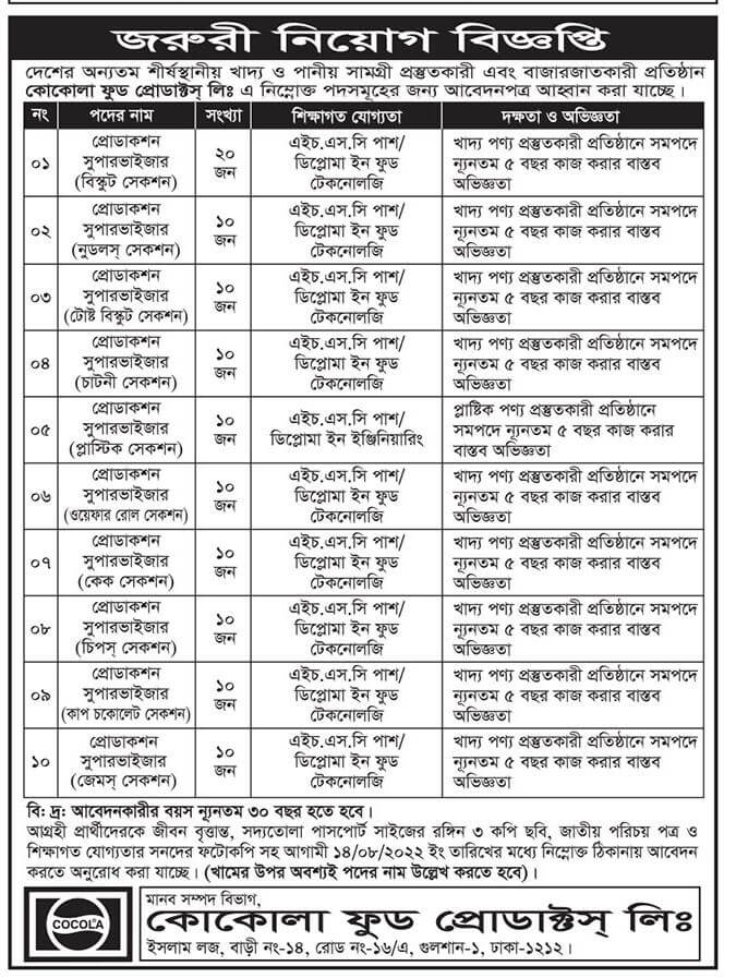 কোকোলা ফুড প্রোডাক্টস লিমিটেড নিয়োগ বিজ্ঞপ্তি ২০২২