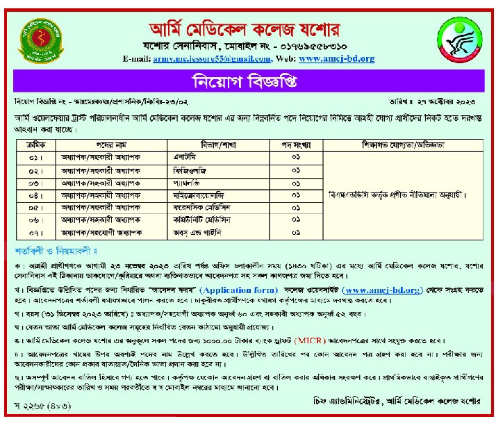 আর্মি মেডিকেল কলেজ নিয়োগ বিজ্ঞপ্তি ২০২৩
