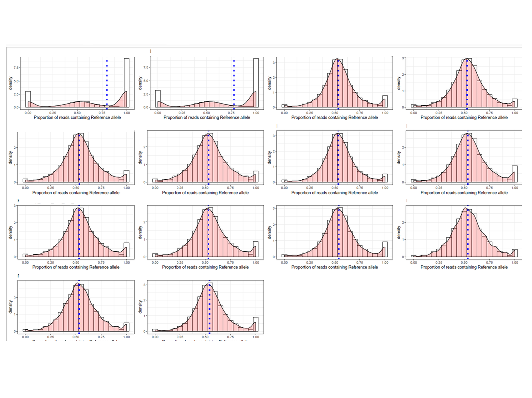 image showing the proportion of reads containing reference allele in 14 RNA-seq samples (blue line is median)