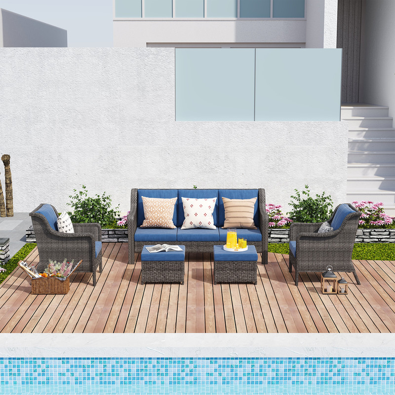 5-Person Hand Woven Wicker Patio Conversation Set with Blue Cushions
