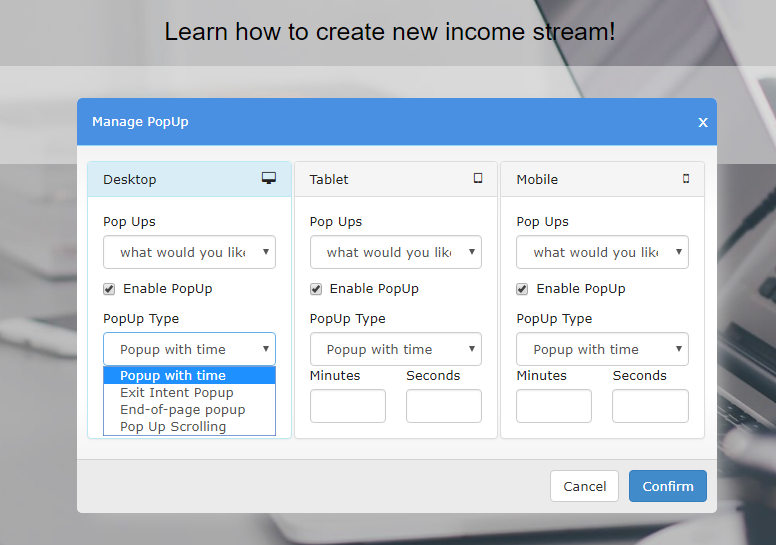 Builderall: Adding the pop up type Builderall: Adding the pop up type